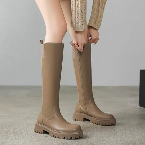 Taupe Khaki Women's Knee High Boots Chunky Platform Lug Sole Tall Riding Stretch - Picture 2 of 6